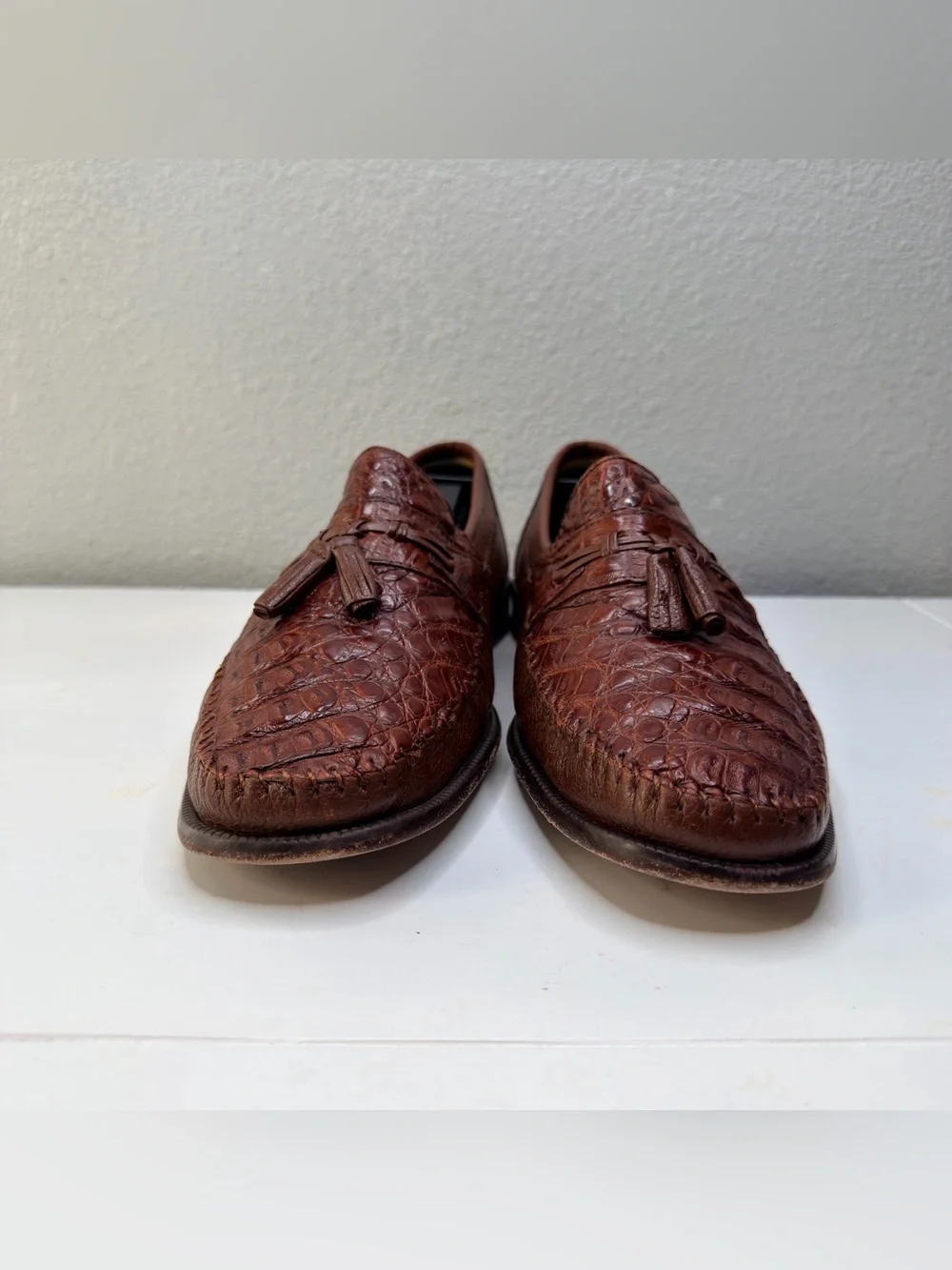 BRASS BOOT Genuine Caiman Alligator Cognac Leather Tassel Loafers Sz. 12M